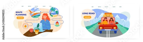 Couple in a car going to road trip. Travel planning vector concept illustration. Woman dreaming about vacation and plan her holiday route. Web site design template for summer travel