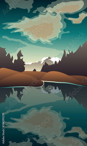 Image of a lake on a mountain and forest background