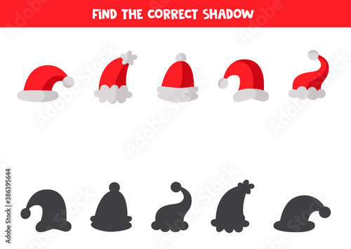 Find correct shadows of each Santa Claus hats. Educational logical game for kids.