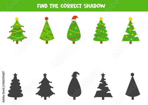 Shadow matching game for kids. Find shadows of Christmas trees. Logical worksheets for kids.