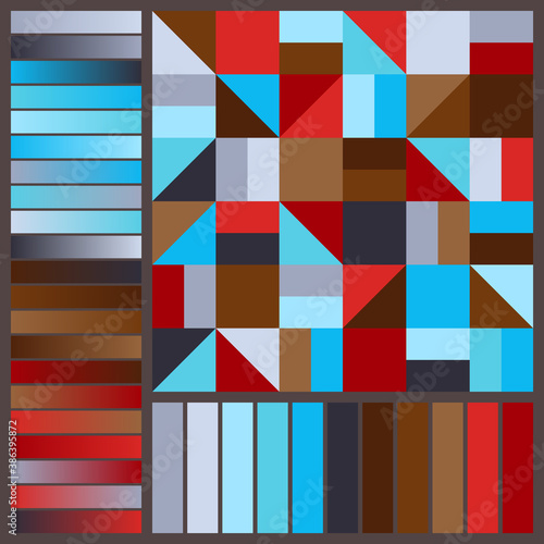 Unique Harmonious Color Palette with Geometric Composition of Blue, Brown, Red, Grey Squares.