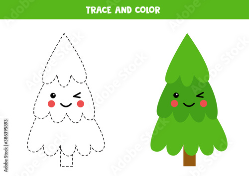 Trace and color cute kawaii fir tree. Christmas worksheets for kids. Writing practice for preschoolers.