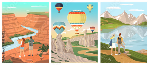 Outdoor landscapes with backpacking couple. Man and woman travel around the world famous nature landmarks. Vector set illustrations. Mountain lake, Grand Canyon, air ballons over Cappadocia in Turkey