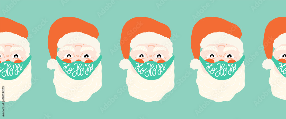 Christmas Coronavirus vector border seamless. Santa Claus wearing a protective face mask against Covid. Merry Christmas 2020 during pandemia. Holiday decor. Xmas celebration. New Year 2021 Christmas Coronavirus vector border seamless. Santa Claus wearing a protective face mask against Covid. Merry Christmas 2020 during pandemia. Holiday decor. Xmas celebration. New Year 2021