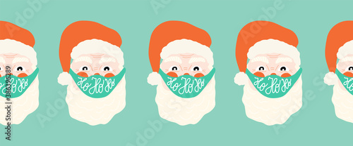Christmas Coronavirus vector border seamless. Santa Claus wearing a protective face mask against Covid. Merry Christmas 2020 during pandemia. Holiday decor. Xmas celebration. New Year 2021