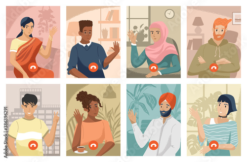 Team working by group video call. Online conference and meeting vector concept illustration. People from different countries talk on video chat. Business diversity, remote work