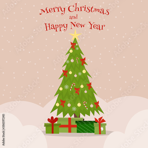 Christmas greeting card with christmas tree and christmas presents . Vector illustration.