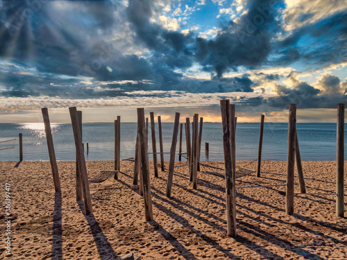 Poles on Hjerting public beach promenade in Esbjerg  Denmark