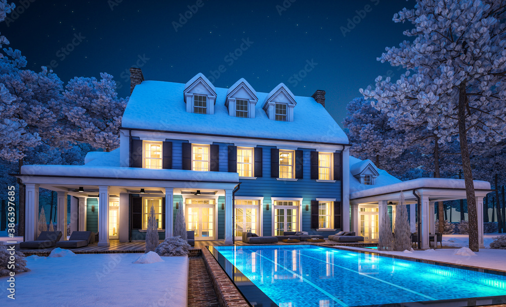 3d rendering of modern cozy classic house in colonial style with garage and pool for sale or rent with beautiful landscaping on background. Cool winter night with cozy light from windows.