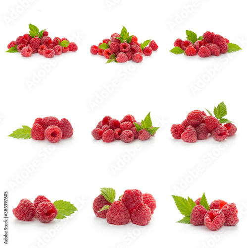 Fototapeta Naklejka Na Ścianę i Meble -  Raspberries collection with leaf isolated on white background