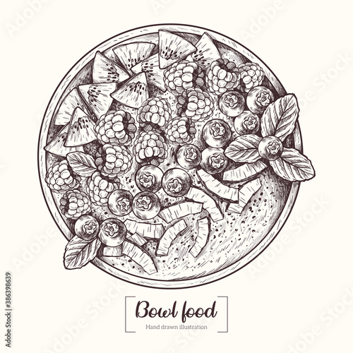 Bowl food. Plate with berries and fruits, healthy breakfast, superfood. Healthy recipe. Acai bowl. Vector Hand Drawn. Sketch Illustration. Porridge, flakes, mint, coconut, raspberries, blueberries