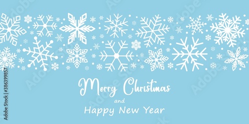 Seamless snowflake border, Christmas design for greeting card. Vector illustration, merry xmas snow flake header or banner, wallpaper