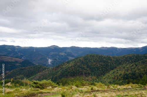 Cloudy autumn landscape in the mountains. Carpathian Mountains, Ukraine.