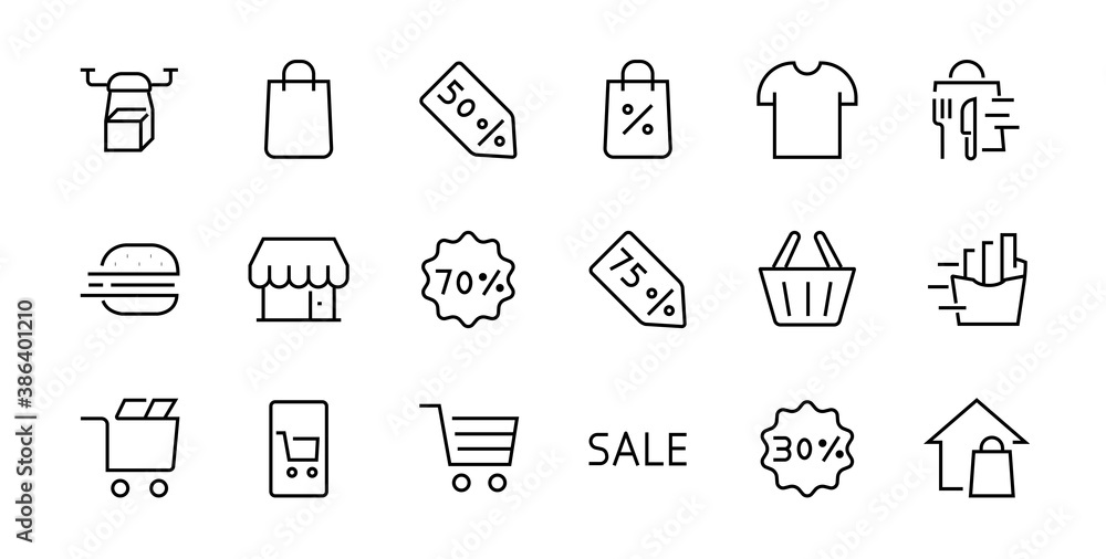 Black Friday Icon Set contains Discounts Promotions Shopping Package, Shopping Cart and more. Editable stroke, vector icons