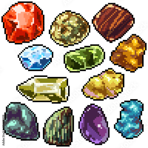 pixel art set isolated colorful gemstone