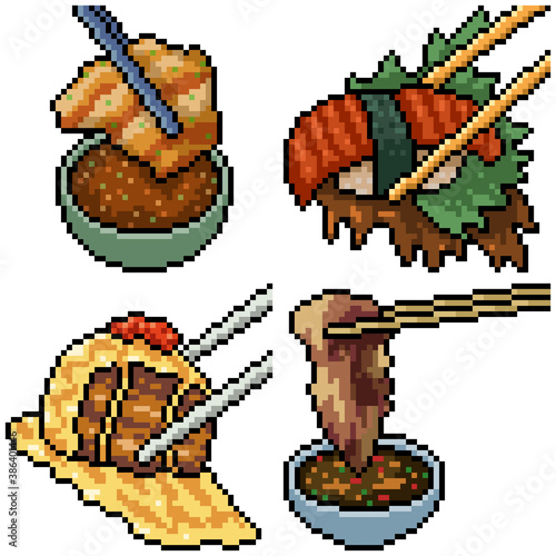 pixel art set isolated asian chopstick food