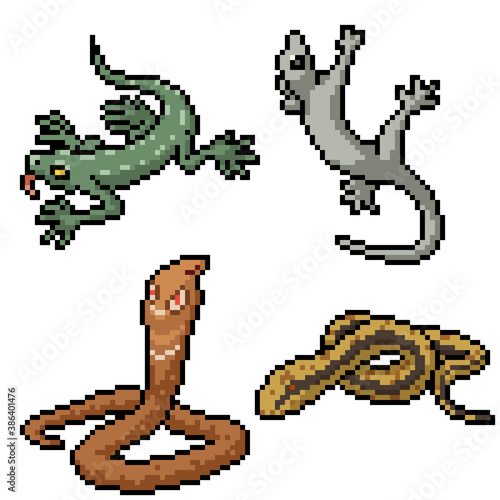 pixel art set isolated reptiles snake lizard