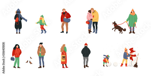 Crowd of people dressed in outerwear isolated on white background. Winter activities. Various people. Cozy winter clothes and other stuff.