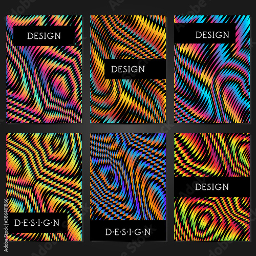 Collection of 6 card templates with glitch effect and frame for text. Layout for banners, posters, flyers, covers and invitations. Trendy design.