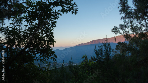Sunrise on the mountains in the Jungle of Reunion Island