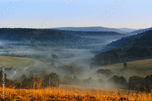 Viev of beautiful fog in the morning. Trees in the shadow of the fog. Beautiful landscape of the Beskidy mountains, Poland.