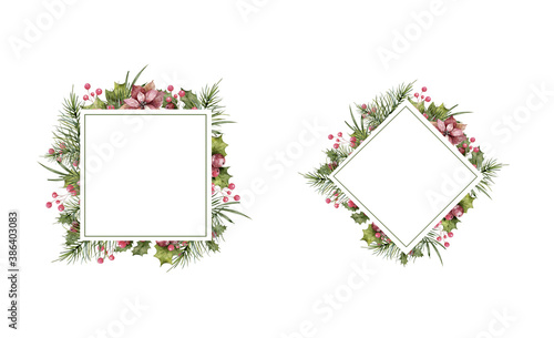 Christmas decorative frame set. Hand drawn watercolor Christmas frame with winter floral and flowers, berry, leaves isolated on white background