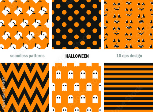 Set of seamless vector Halloween patterns. Scary repeat backgrounds for fabric, textile, cover, wrapping, web etc. 10 eps design. Classic black and orange wallpapers.