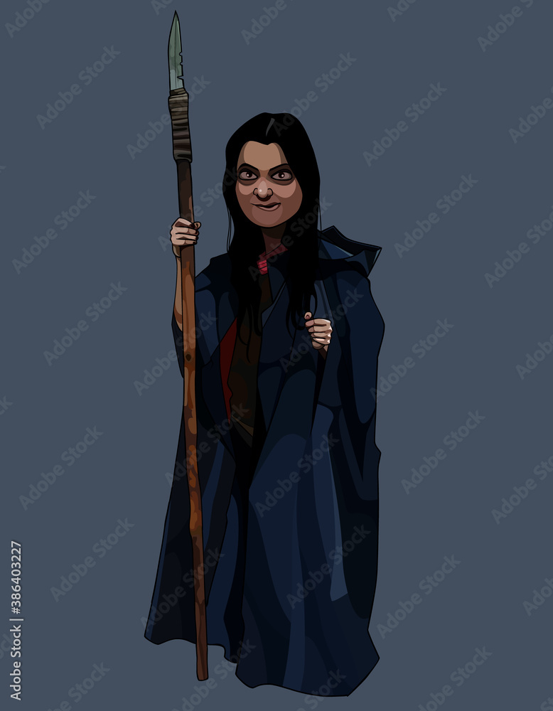 cartoon woman witch in a long cloak with a spear staff in her hand ...