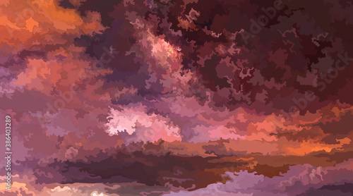 painted sky with multicolored clouds tinted with sunset colors