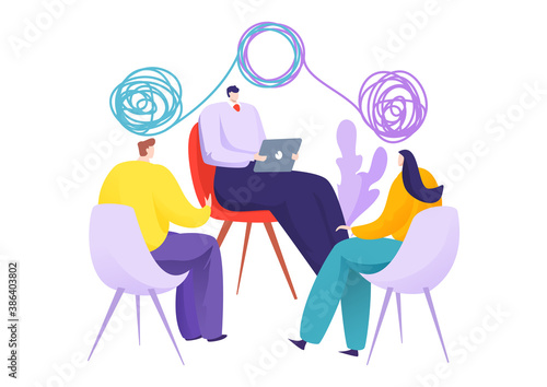 Psychology problem, vector illustration. Psychiatrist work with mental health depression, counseling therapy for people. Woman man character at social psychoterapy session, confuse patient mind.
