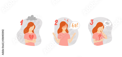 The young girl felt unnecessary, responded aggressively, and regretted her words. Emotions sadness, Heartbreak, rage, anger, regret for infographics about communication
