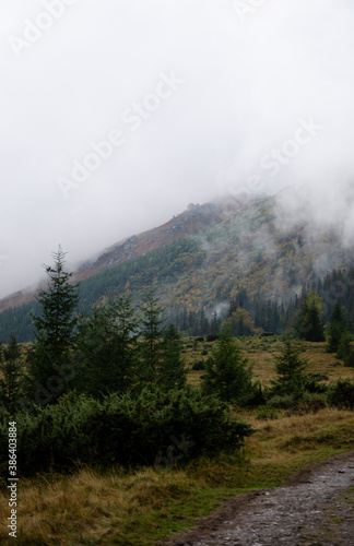 Autumn landscape in the mountains with a fog. Carpathian Mountains, Ukraine.