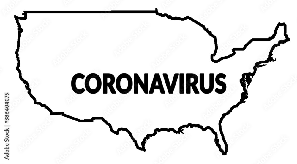 CORONAVIRUS over Map contour of Unided States of America (US, USA, SUA) CORONAVIRUS over Map contour of Unided States of America (US, USA, SUA)