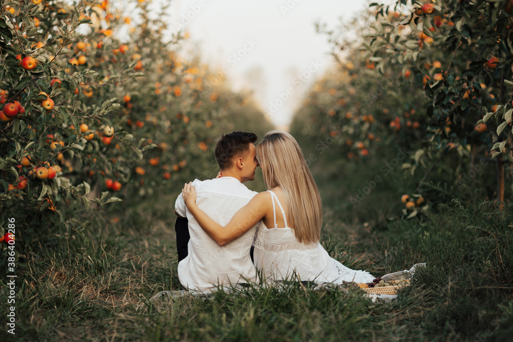 Happy couple together are relaxing and drinking wine at summer picnic in the apples orchard. Back view.