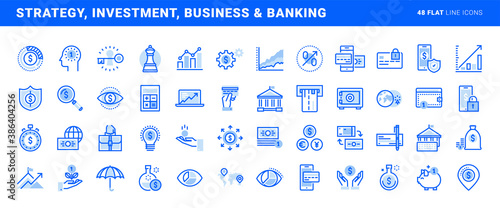 Set of flat line icons of strategy, investment, business and banking. Vector concepts for website and app design and development.