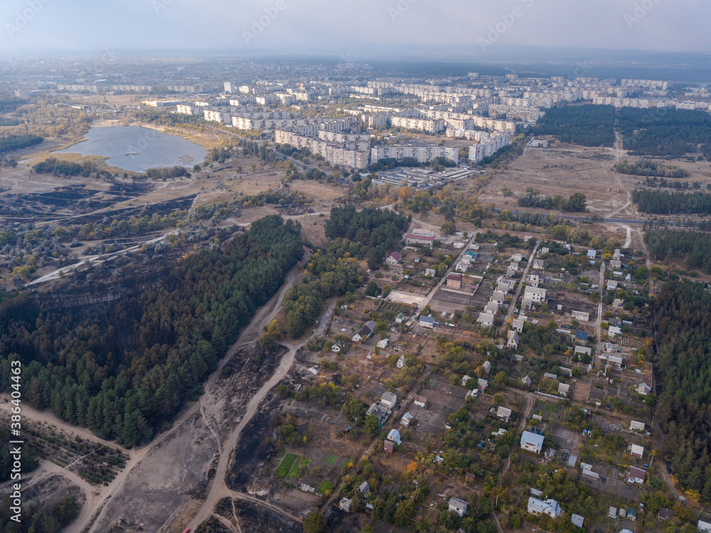 Aerial pfoto with drone of destroyed houses after the fire in Ukraine