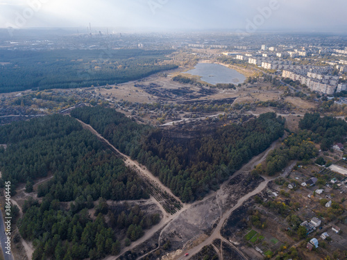 Aerial pfoto with drone of destroyed houses after the fire in Ukraine