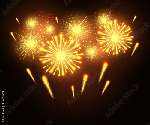 Festive Golden Firework Salute Burst. Festive patterned firework bursting in various shapes sparkling pictograms set.