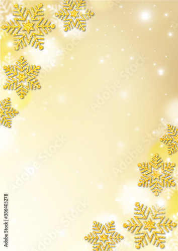 金色のラメの雪の結晶と綿雪 金色のグラデーション背景 ふわふわの透明なドット 冬の背景素材（縦型）