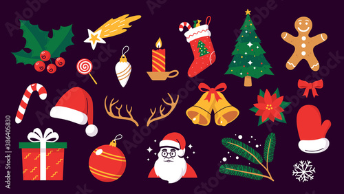 Collection of colorful Christmas objects in flat cartoon style. Christmas holiday symbols isolated on dark background. Traditional Xmas decor elements. Vector illustration.