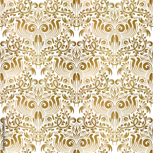 Golden white vintage seamless pattern. Gold royal classic baroque wallpaper. Antique background ornament.