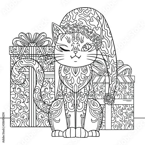Christmas cat with holiday gifts. Vector coloring page for adult. Funny cartoon kitten with doodle and pattern elements for winter design.