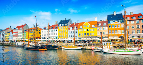 Wide panoramic view of Nyhavn harbour in Copenhagen, Denmark