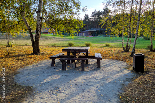 Benches and table in the autumn Park with birch trees, tree foliage in nature