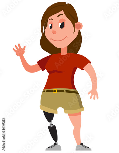 Woman with prosthetic leg. Female character in cartoon style.