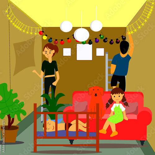 Couples or family decorating home for festival or remodeling of house during time of holidays or quarantine. speding their time together.