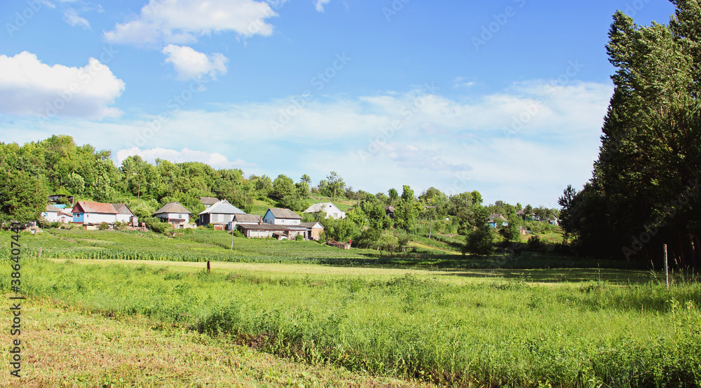 Obraz premium Village panorama spring - spacious green meadow, blue sky with clouds,old style houses. With copy text. Panorama Ukrainian village - meadow and houses in the distance.