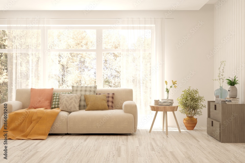 Stylish room in white color with sofa and autumn landscape in window. Scandinavian interior design. 3D illustration Stylish room in white color with sofa and autumn landscape in window. Scandinavian interior design. 3D illustration