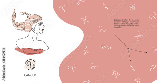 Zodiac background. Cancer constellation. The element of water. Horizontal banner.