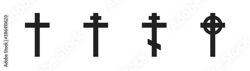 Christianity cross icon set. Crucifix religion denomination vector